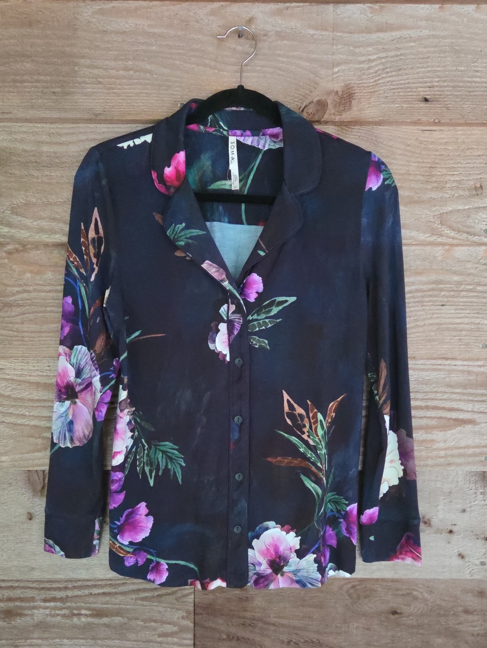 Soma Xsmall Fleur Ever Drama Navy Button-Down Shirt with Purple and Pink Blooms